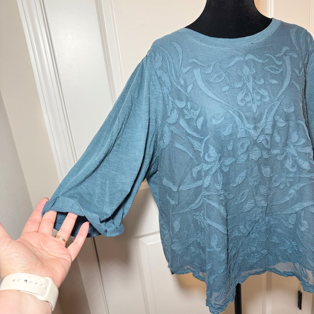 Democracy Womens 1X Teal Blue Embroidered Mesh Overlay 3/4 Sleeve Top Boho - Picture 2 of 8